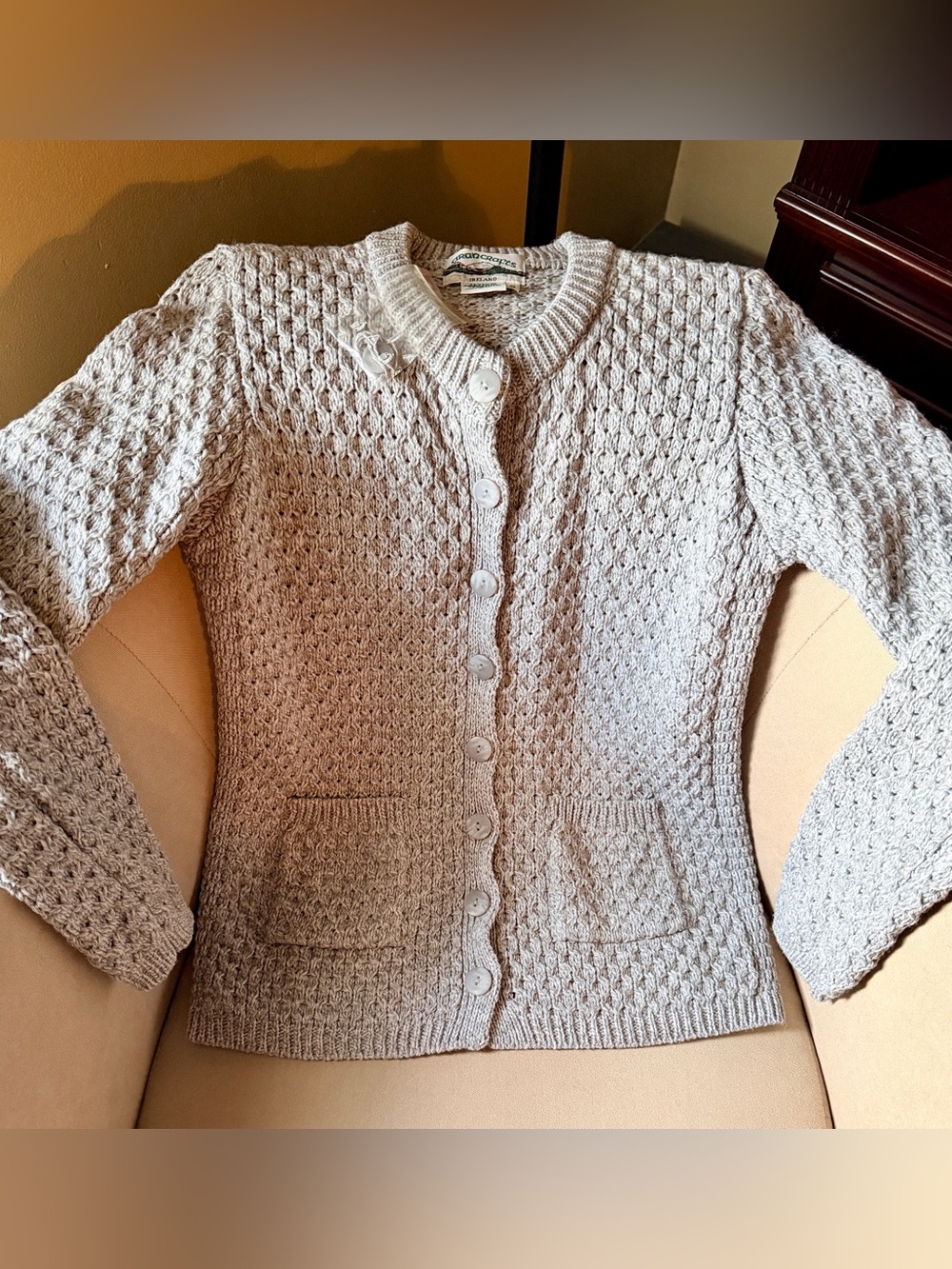 Aran Crafts Merino Wool Lady Jacket Cardigan with Pockets, Soft Grey, Size Small